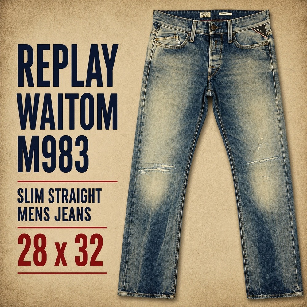 Replay Waitom M983 Men Regular Straight Slim Distressed Blue Wash Jeans 28x32